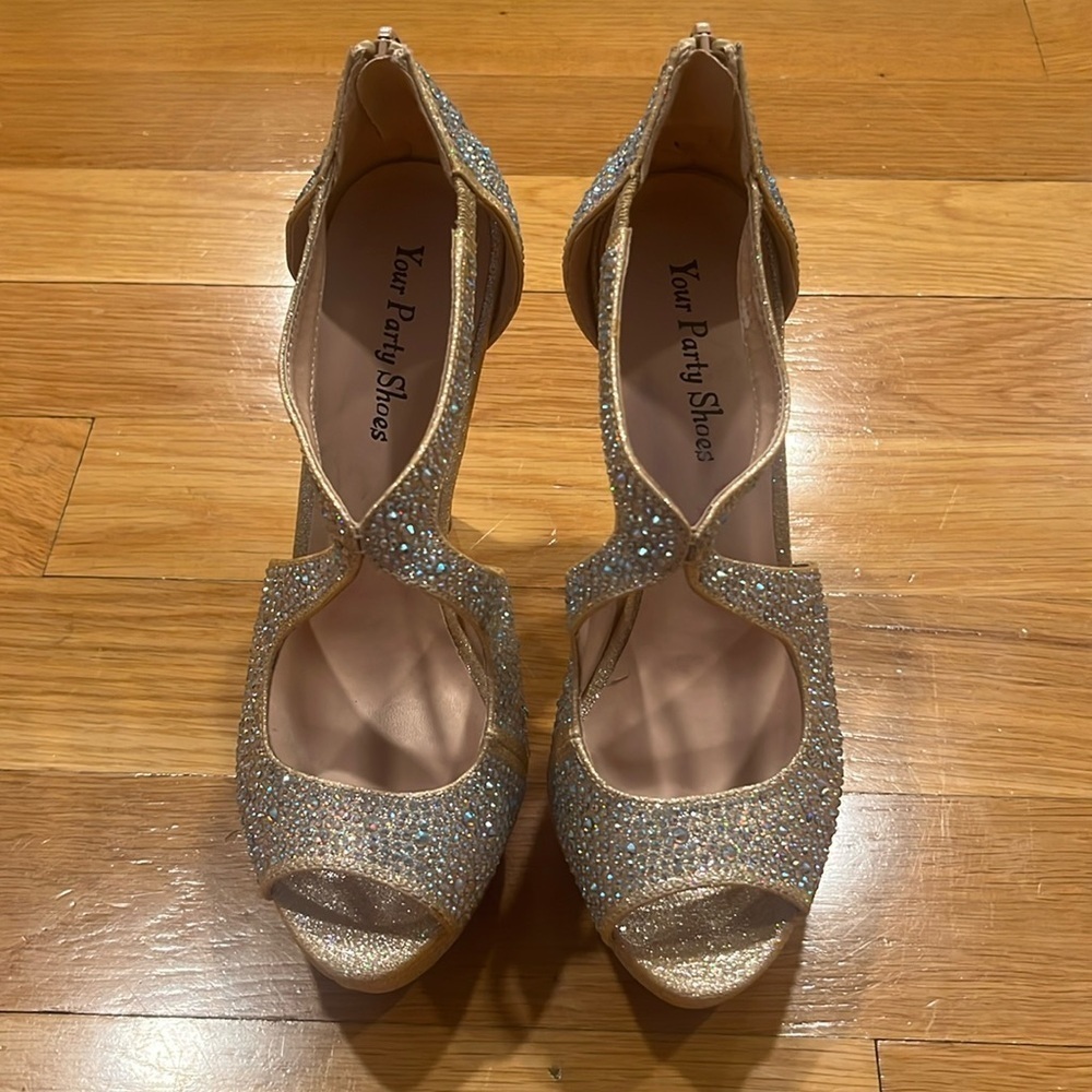 YOUR party shoes high heel with, rhinestones zip up backs size 8.5 .